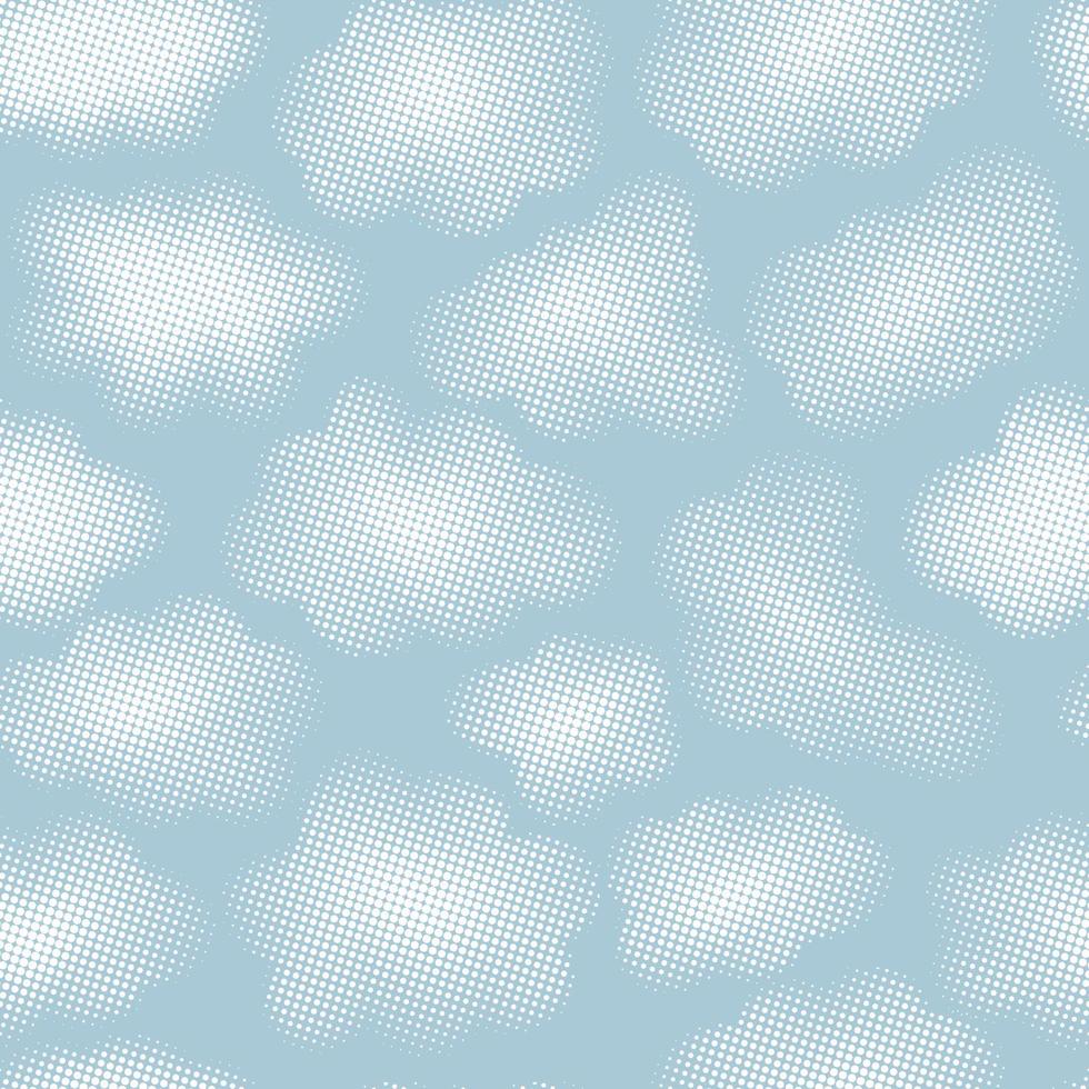 Blue sky with halftone clouds. Seamless pattern with dotted gradient clouds. Repeat background fluffy halftone cloudscape vector