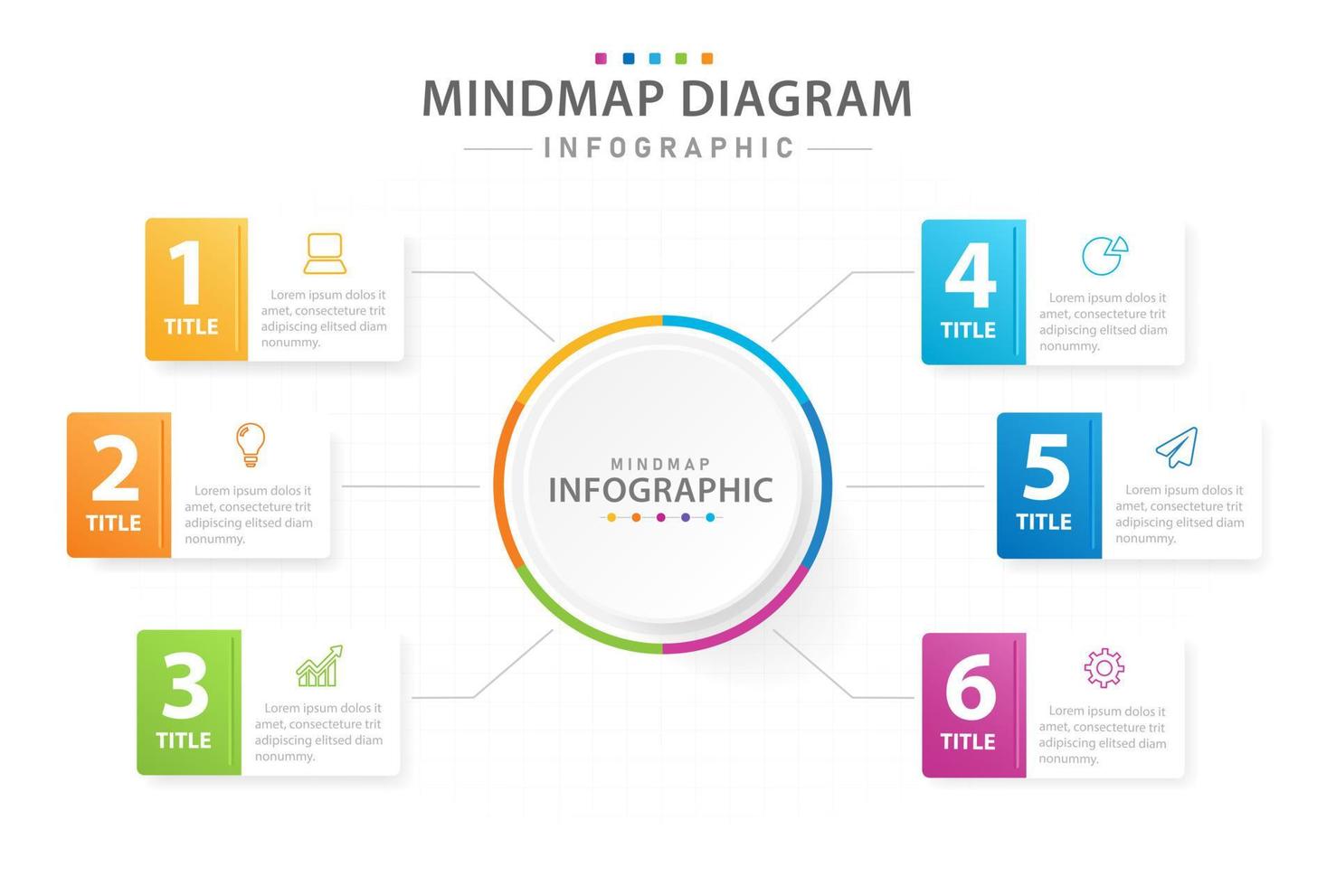 plantilla infográfica para negocios. Diagrama de mapa mental moderno de 6 pasos con círculos y títulos de temas, infografía vectorial de presentación. vector