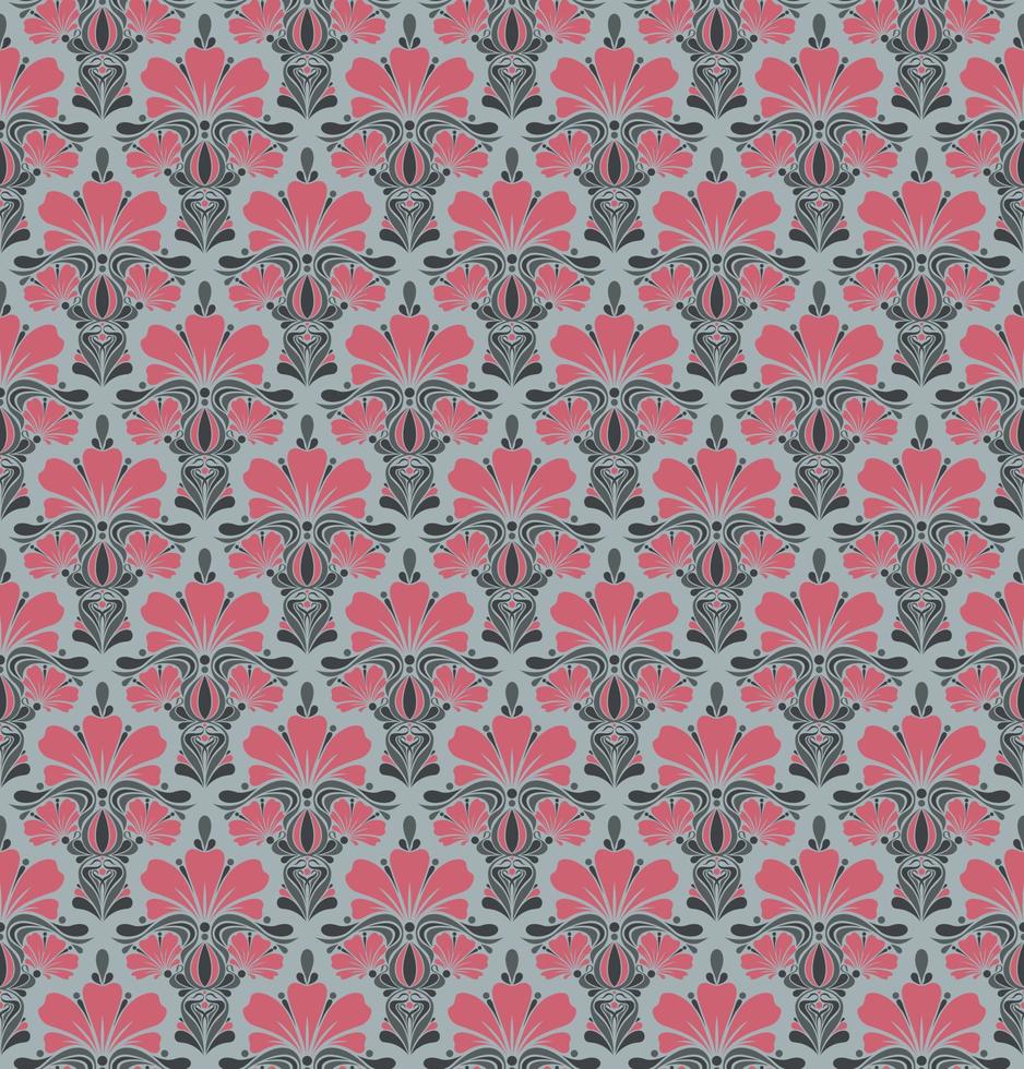 GREY SEAMLESS VECTOR BACKGROUND IN ART NOUVEAU STYLE WITH A BOUQUET OF PINK FLOWERS