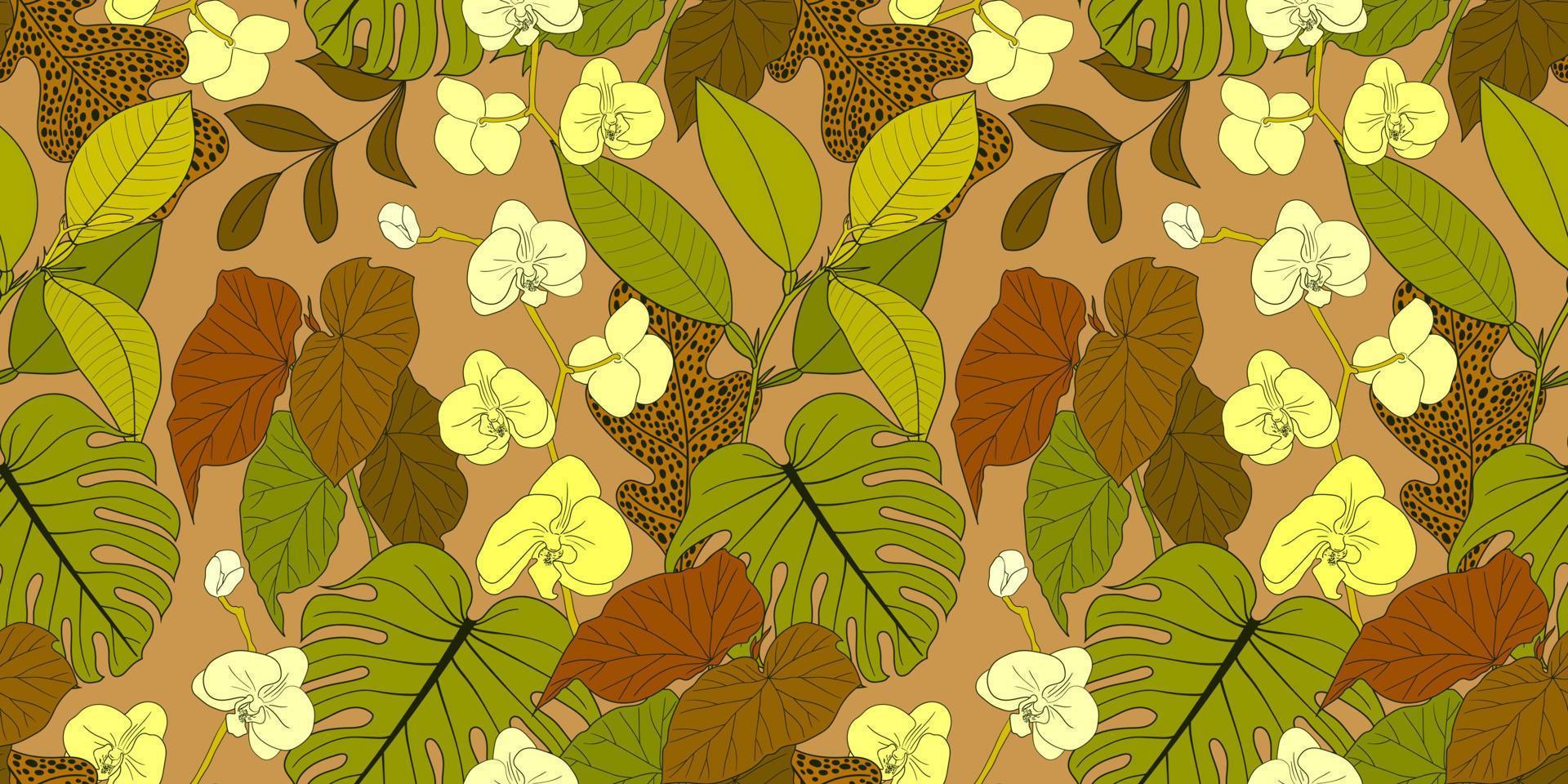 banner beige transparente vectorial con orquídeas florecientes y plantas tropicales coloridas vector
