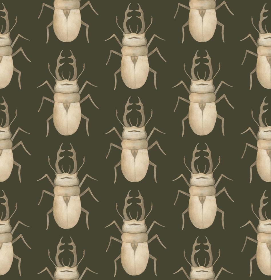 OLIVE VECTOR SEAMLESS PATTERN WITH WATERCOLOR RHINOCEROS BEETLES