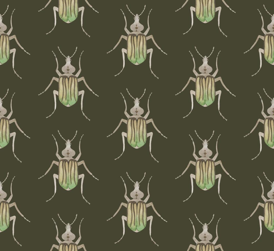 OLIVE VECTOR SEAMLESS PATTERN WITH WATERCOLOR BEETLES