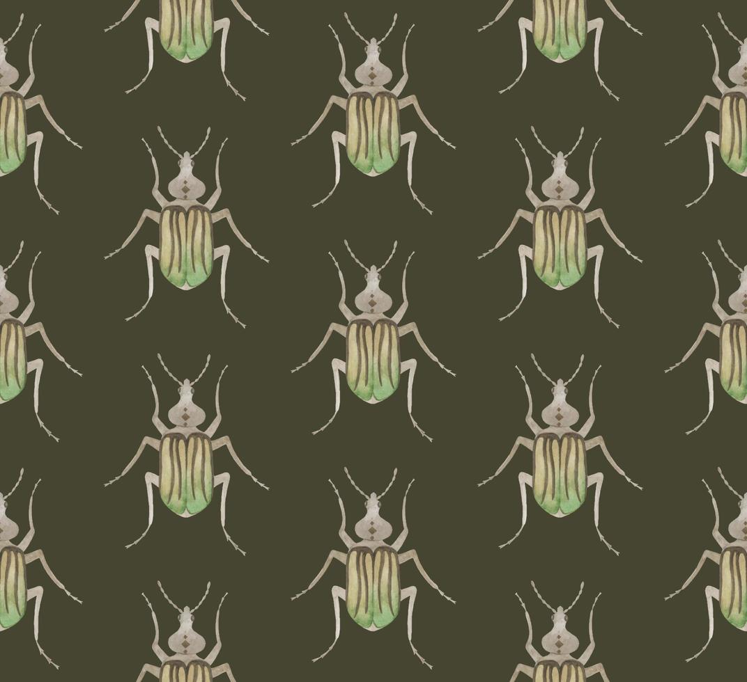 OLIVE VECTOR SEAMLESS PATTERN WITH WATERCOLOR BEETLES