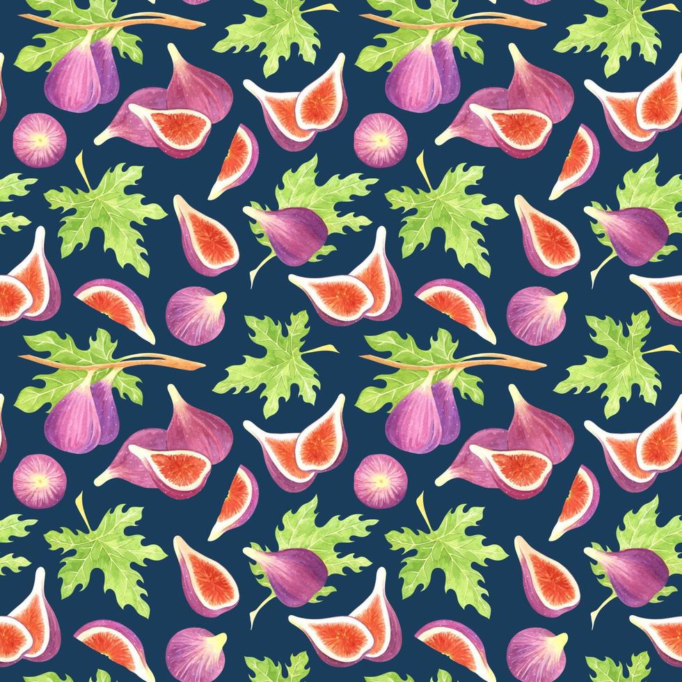 BLUE VECTOR SEAMLESS PATTERN WITH WATERCOLOR FIG FRUITS