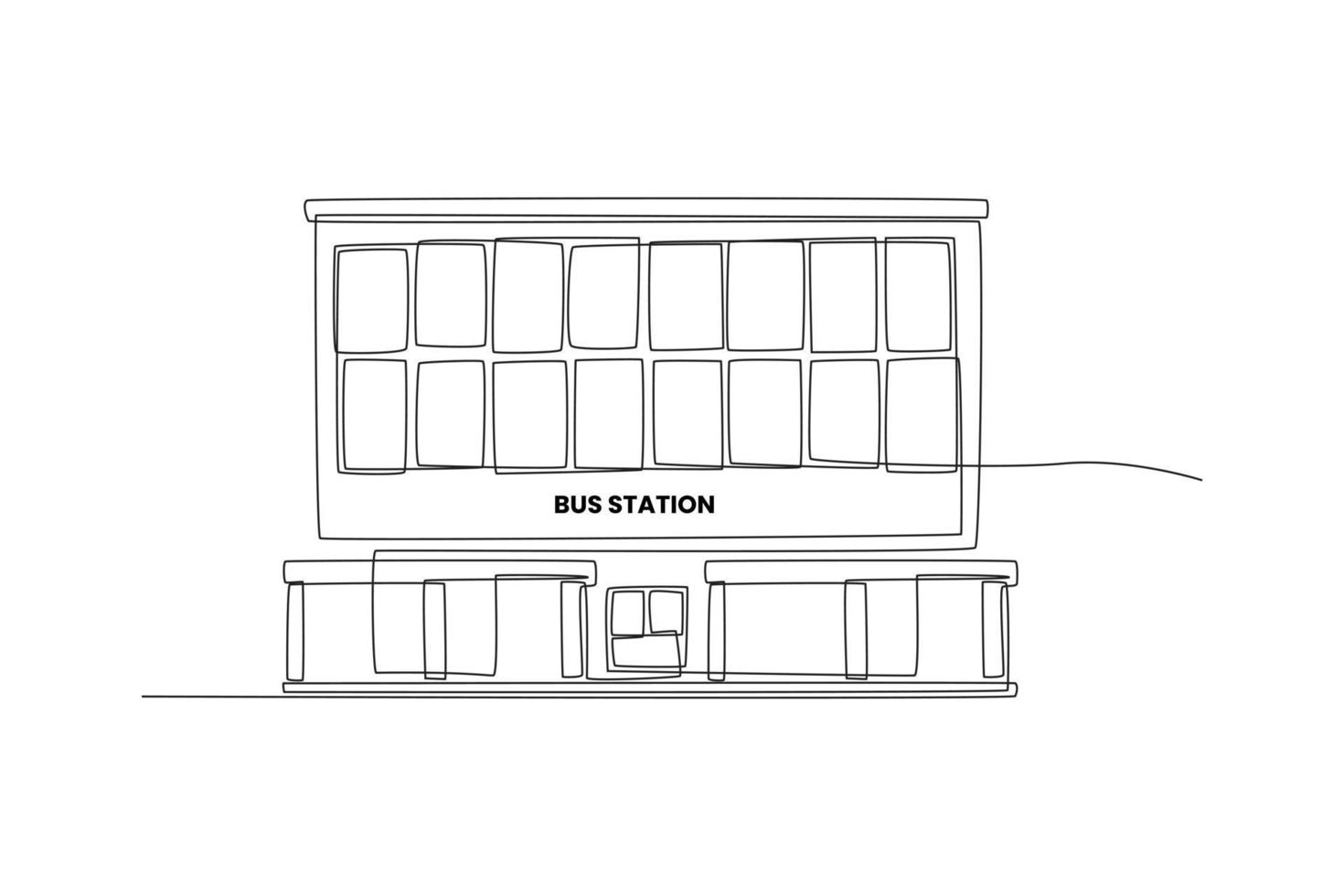 Continuous one line drawing bus station. Building and office concept. Single line draw design vector graphic illustration.
