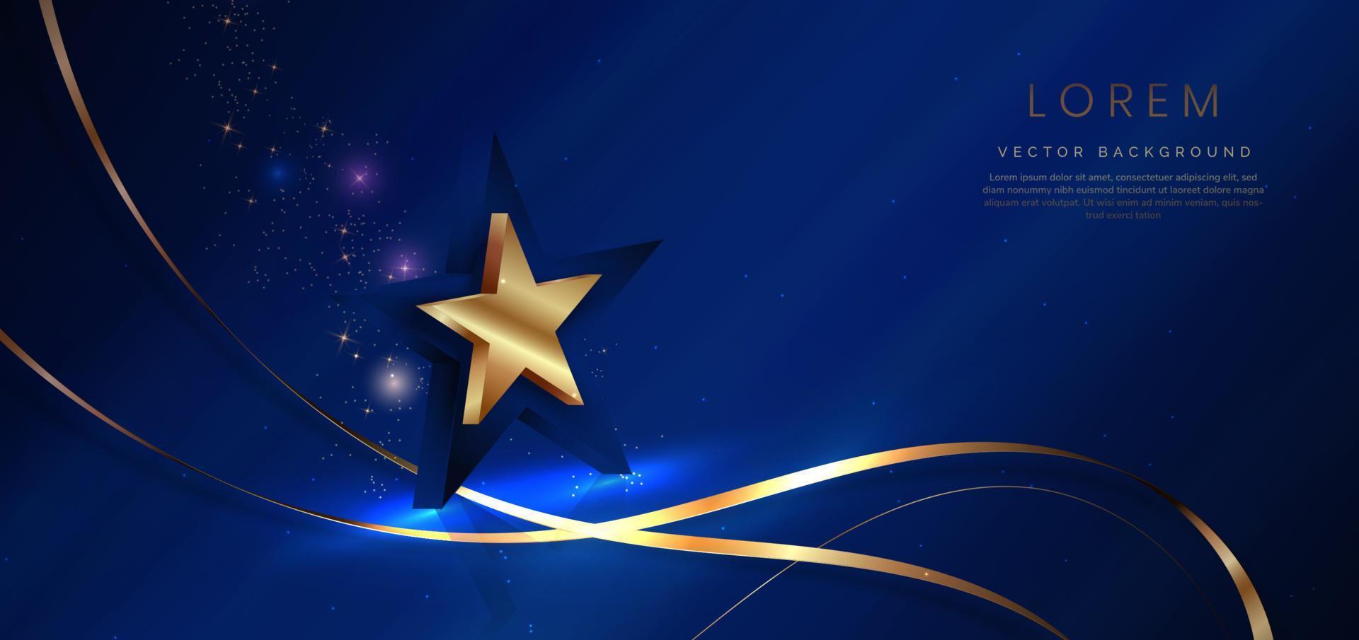 Estrella dorada 3d con cinta dorada curvada sobre fondo azul oscuro. diseño de premio premium de lujo de plantilla. vector