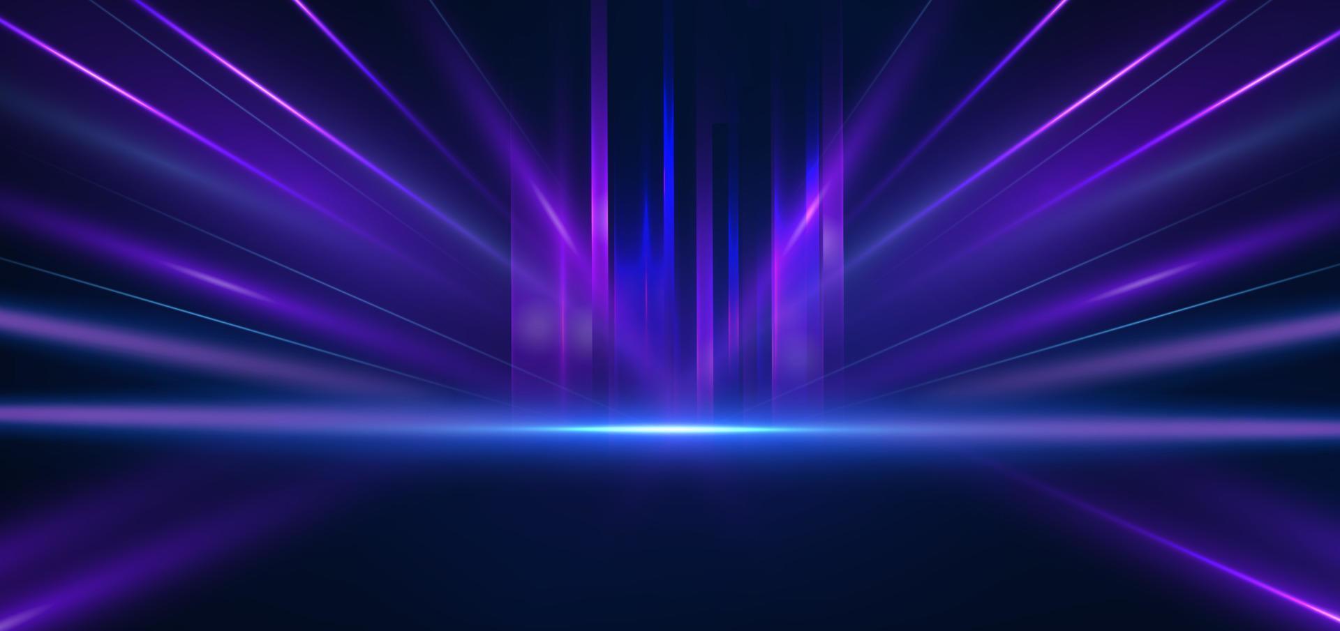 tecnología abstracta líneas de luz azul y púrpura brillantes futuristas con efecto de desenfoque de movimiento de velocidad sobre fondo azul oscuro. vector