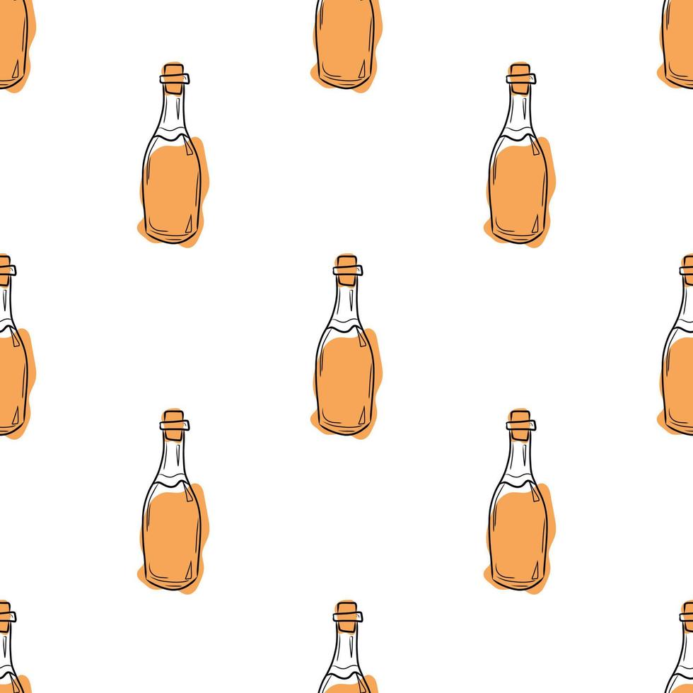 Vector pattern with bottles of white wine on a colored background in doodle style. Alcohol in a glass bottle, Illustration for packaging, cafes, bars, products.