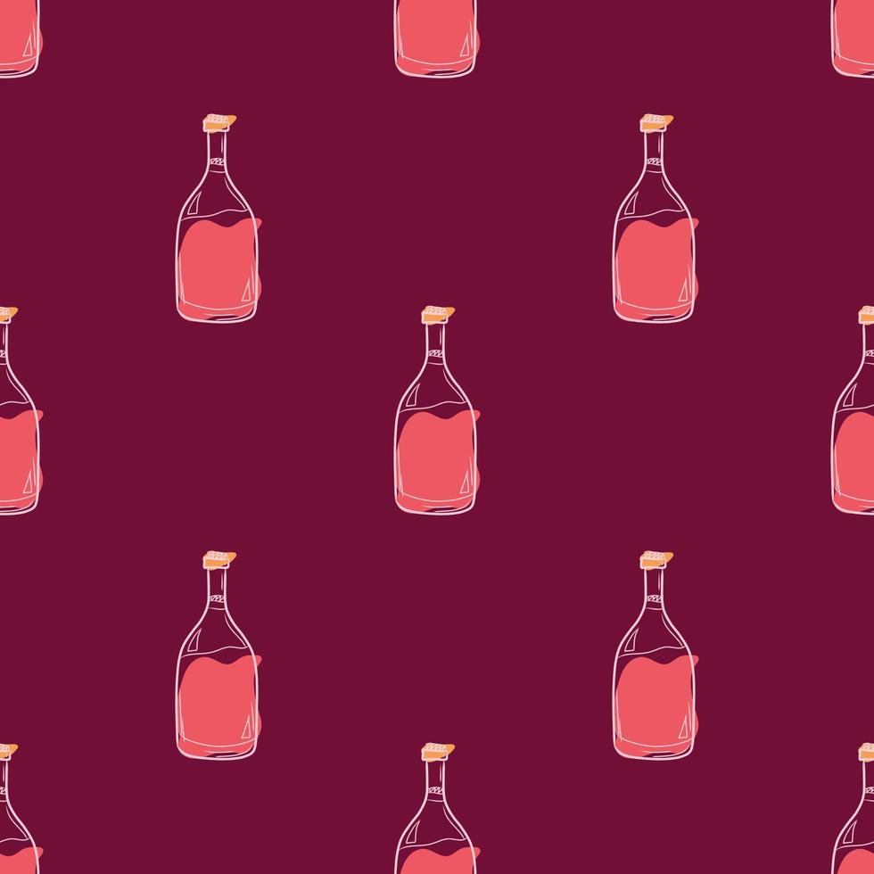 Vector pattern with bottles of red wine on a colored background in doodle style. Alcohol in a glass bottle, Illustration for packaging, cafes, bars, products.