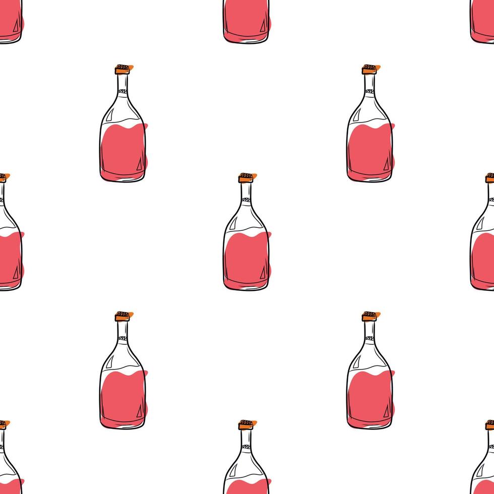 Vector pattern with bottles of red wine on a colored background in doodle style. Alcohol in a glass bottle, Illustration for packaging, cafes, bars, products.