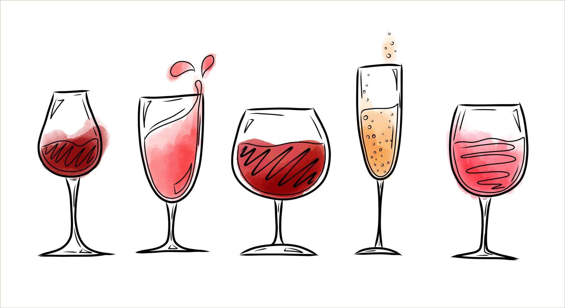 A set of vector illustrations with glasses of red and white wine, watercolor splashes of wine. Isolated elements on a white background. Vector illustration Hand-draw style