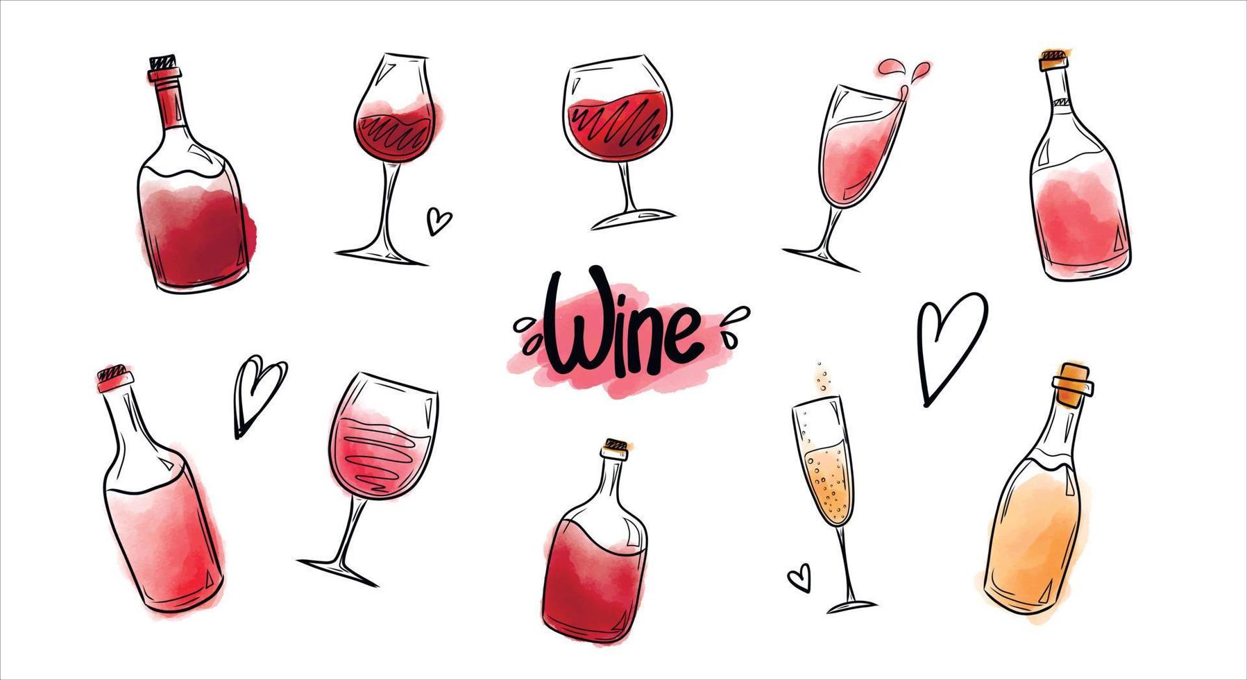A set of vector illustrations with bottles and glasses of red and white wine, watercolor splashes of wine. Isolated elements on a white background. Vector illustration in the style of drawing by hand
