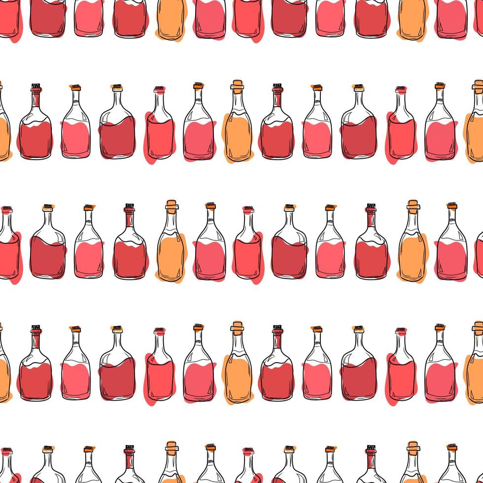 Vector pattern with bottles of red and white wine on a white background, Alcohol in a glass bottle, Illustration for packaging, cafes, bars, products.