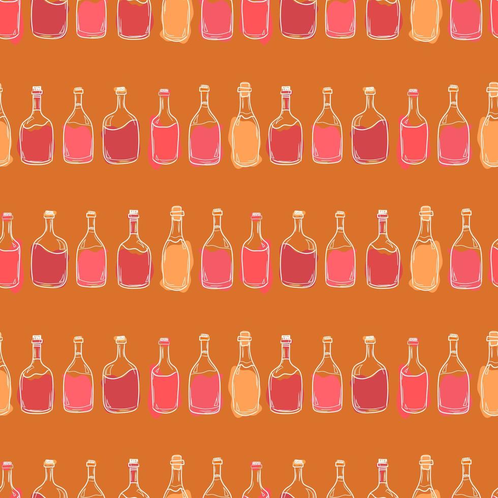 Vector pattern with bottles of red and white wine on a color background, Alcohol in a glass bottle, Illustration for packaging, cafes, bars, products.