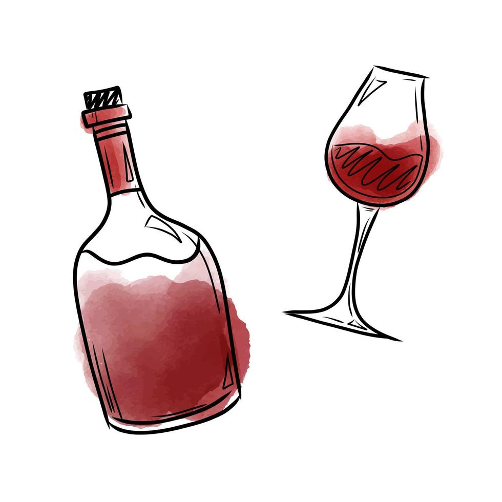 Vector illustration with a bottle and a glass of red wine in watercolor style. Vector illustration with drinks, for packaging, bars, cafes, menus.