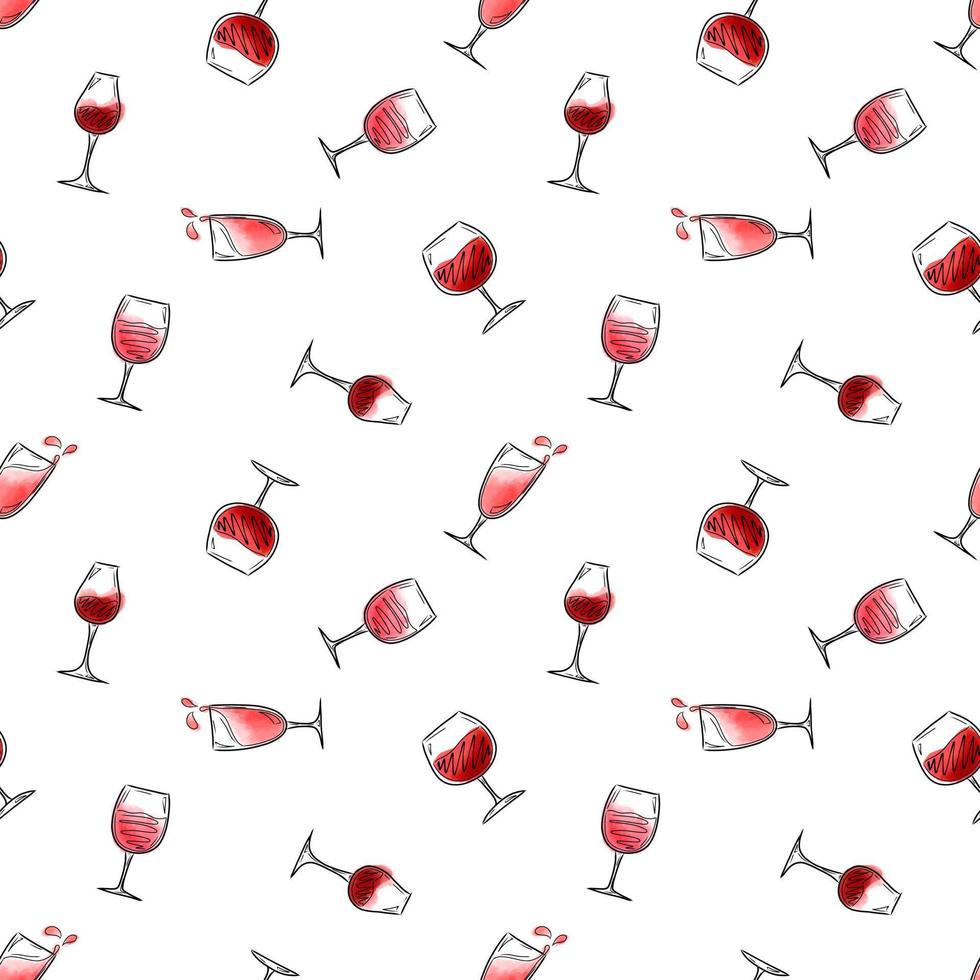 Vector pattern with glasses of red and white wine on a white background, Alcohol, Illustration for packaging, cafes, bars, products.