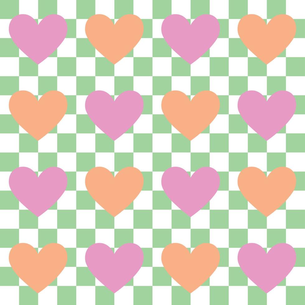 patrón de mantel en rayas rojas y verdes con imágenes de corazón sobre fondo blanco, línea recta cruzada en color rojo y verde sobre sábana blanca, textura para productos textiles en color navideño. vector
