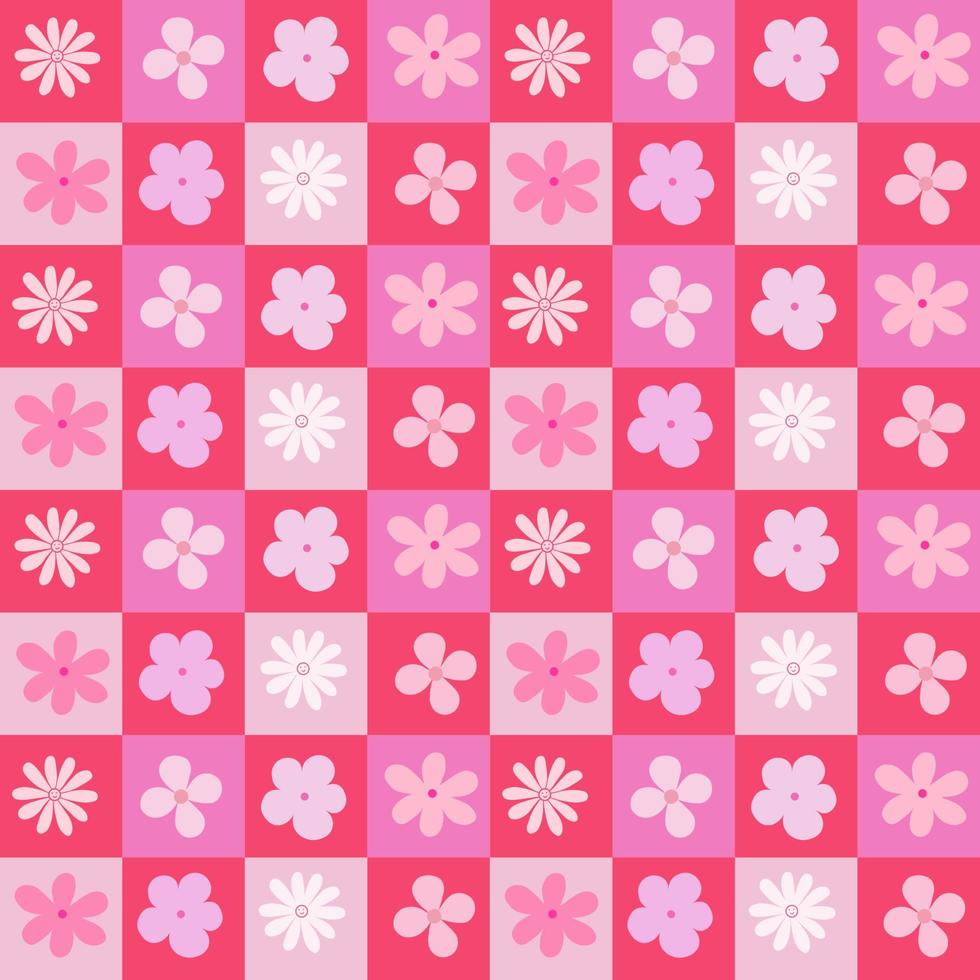 Pink tone Flower in chess board table vector. Chess table seamless pattern with geometric flowers. Simple and trendy flat vector illustration in retro style.