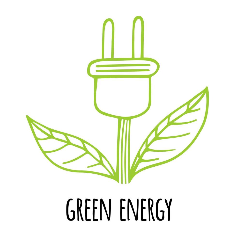 Green energy vector icon. Electric plug, leaves, cable. Natural electricity symbol, eco friendly power. Hand drawn doodle isolated on white background. Flat illustration for print, logo, web, apps