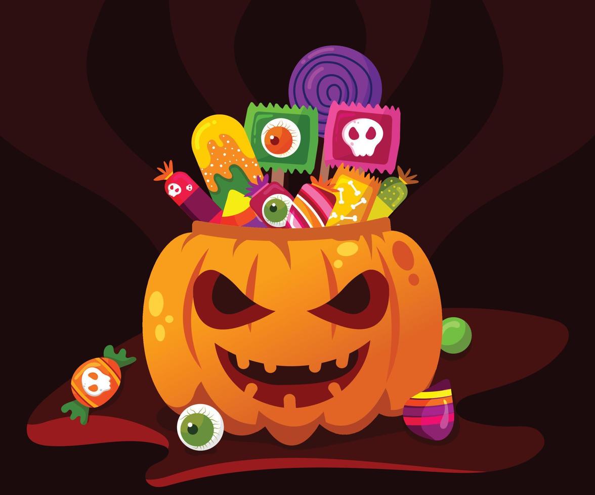Halloween candies bucket in Jack-O-Lantern bag Vector illustration. many colorful Halloween candies, toffees, ice cream with background
