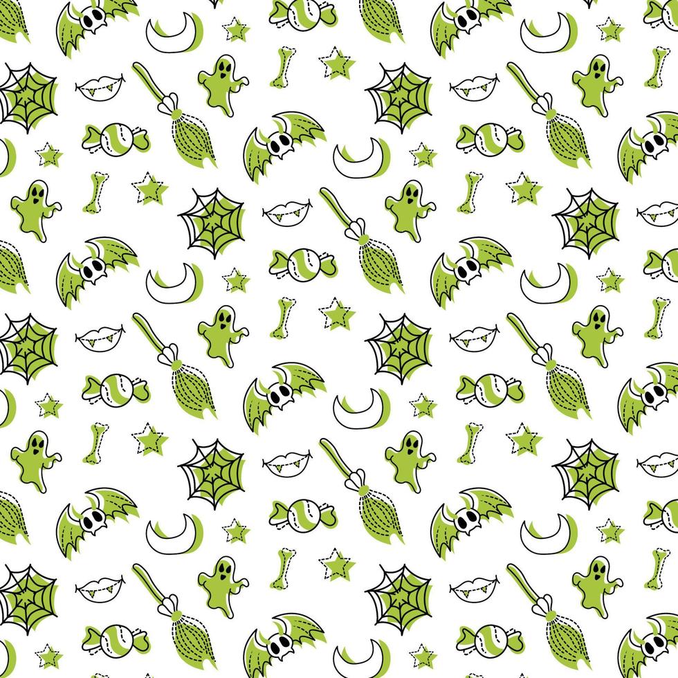 Halloween seamless pattern with moon, bat, spider, skull, pumpkin, candy, star vector. Hand draw halloween element pattern. vector