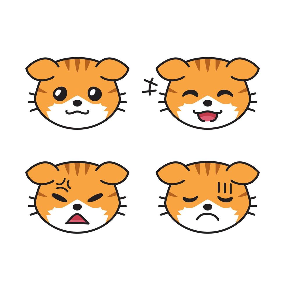 Conjunto de caras de gato atigrado que muestran diferentes emociones. vector