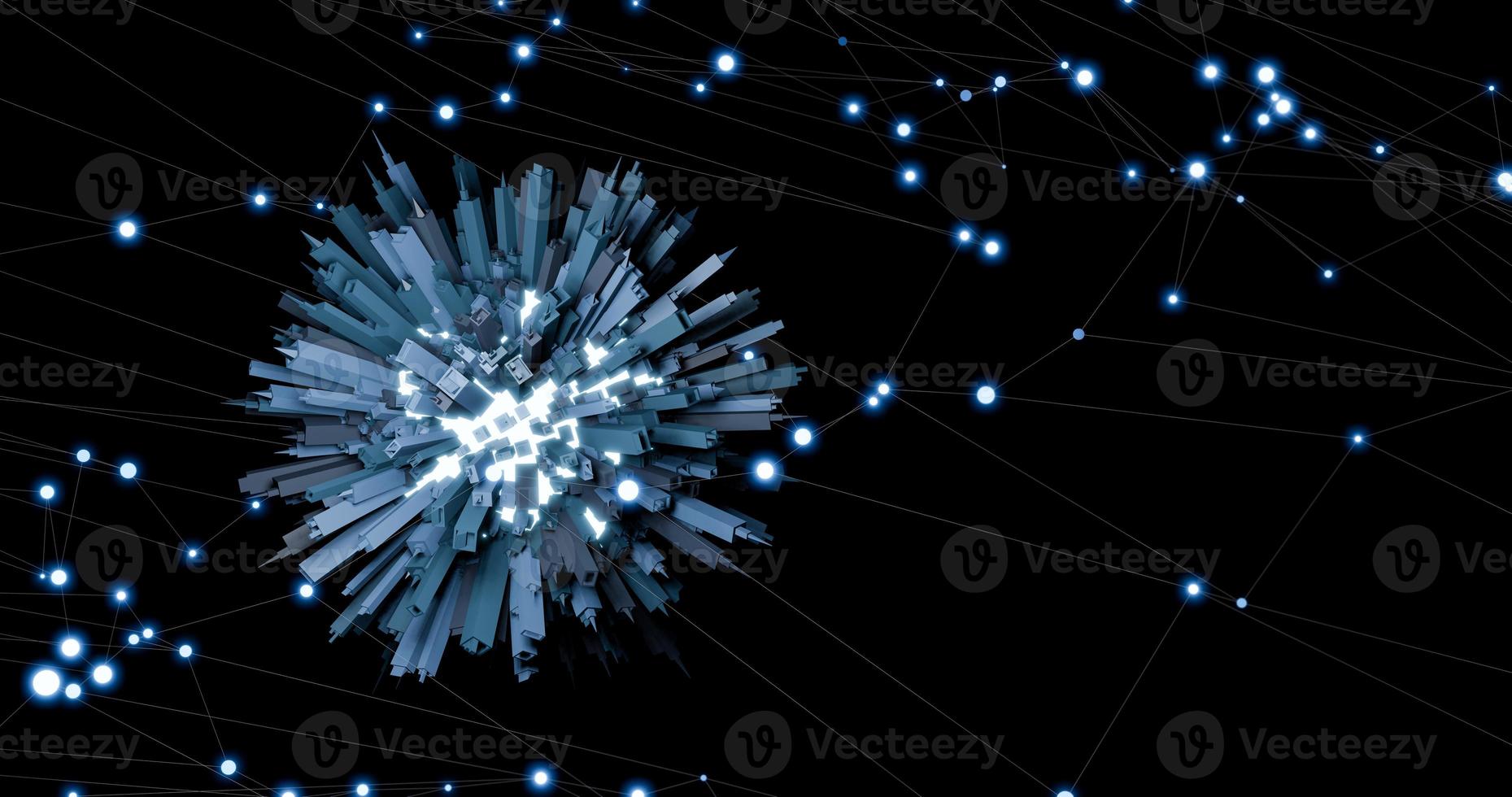 3D rendering of abstract scale-up geometric city on the world in global futuristic cyber-network. Neural network grid line around globe. photo