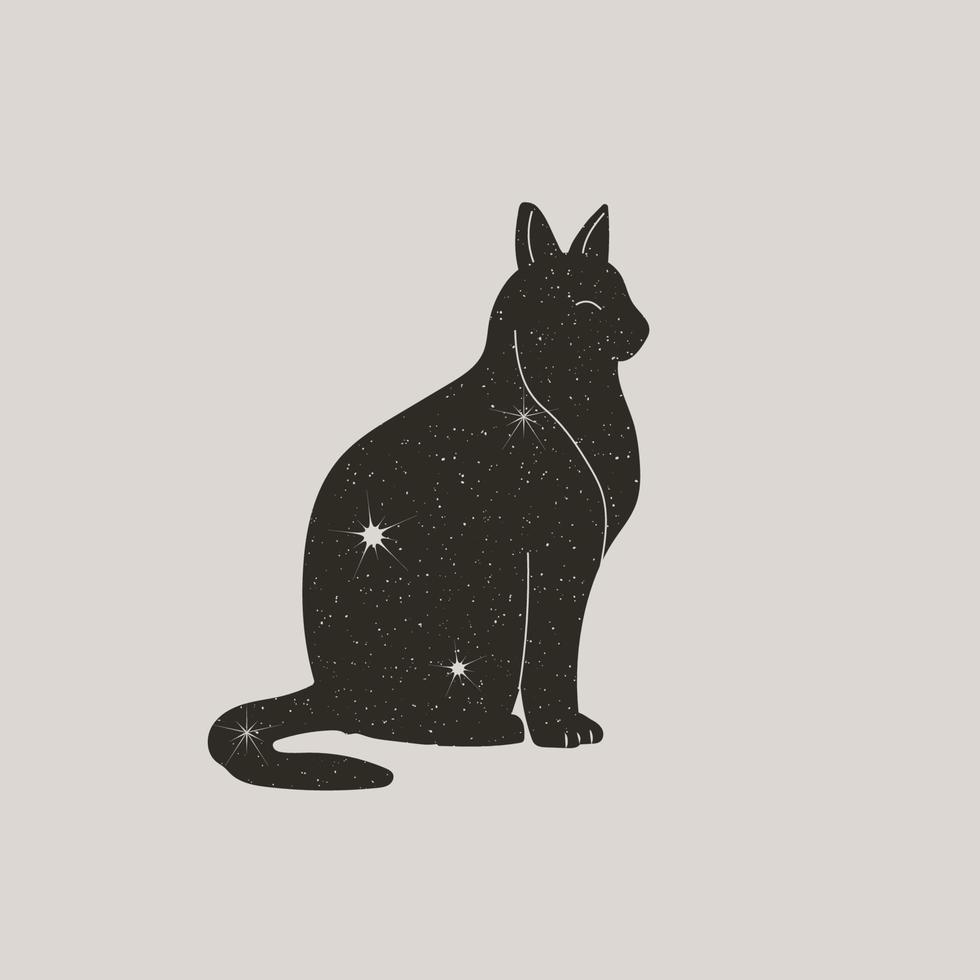 Mystical Black Cat in Trendy boho style. Vector magic cat silhouette with stars for printing on wall, T-shirt, tattoo, social media post and stories, vector