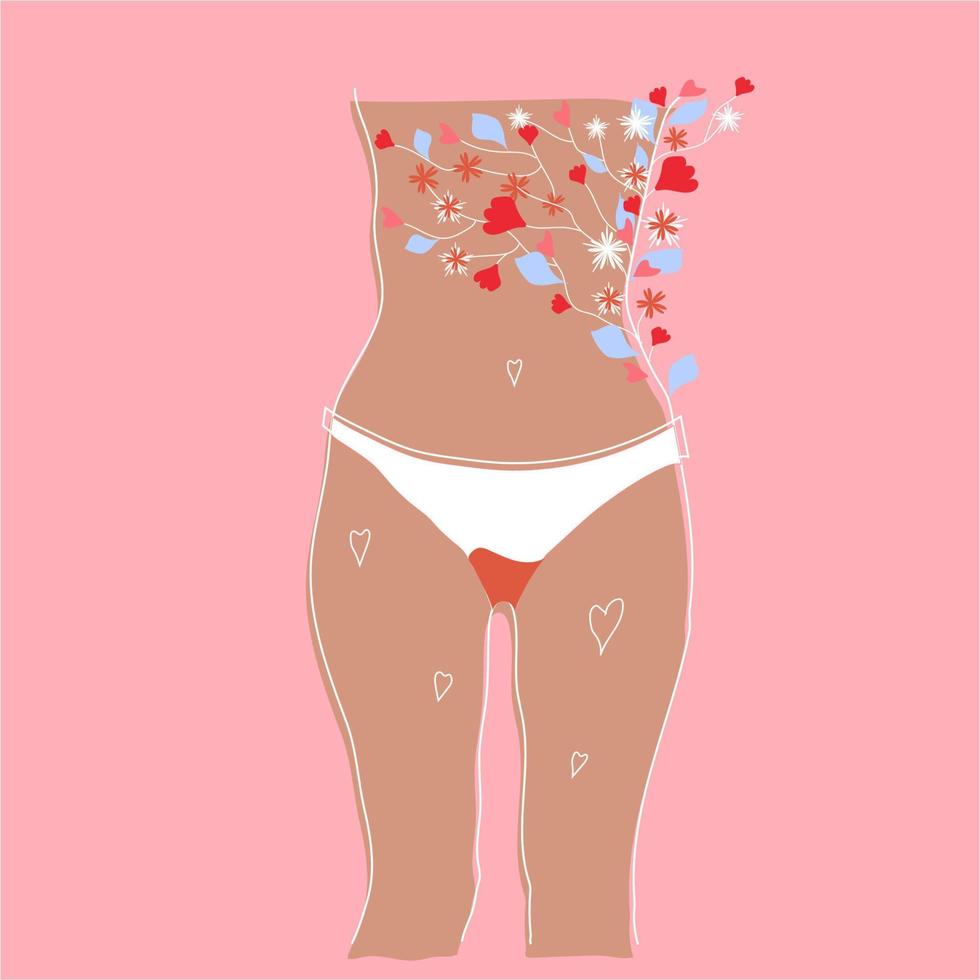leaflet about menstruation. Menstruation causes discomfort and possible pain. It is normal to be a woman with scars and growths on the body. Vector. vector