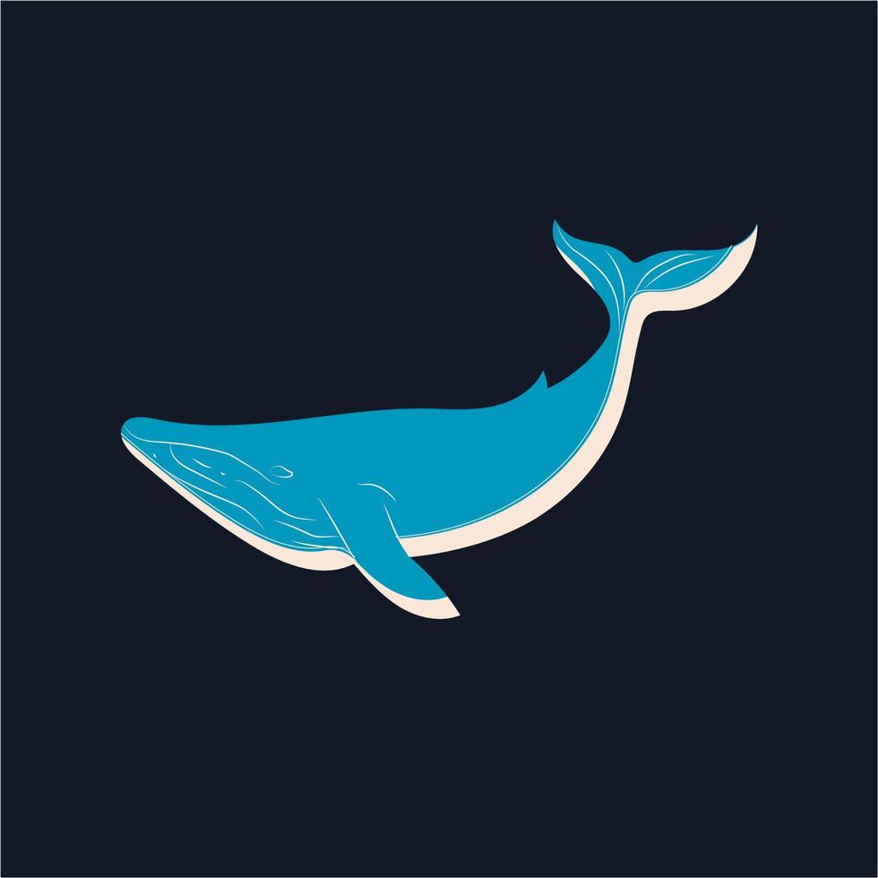 Big blue whale cartoon animal design biggest mammal on the earth flat vector illustration isolated on dark background