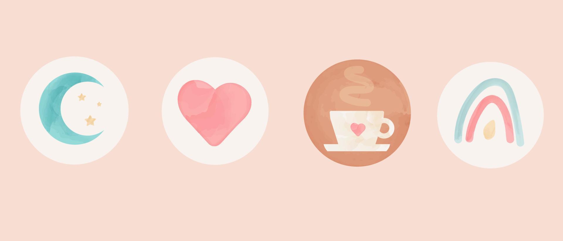 Watercolor illustration icons coffee, moon, rainbow, heart. can be used for Instagram vector