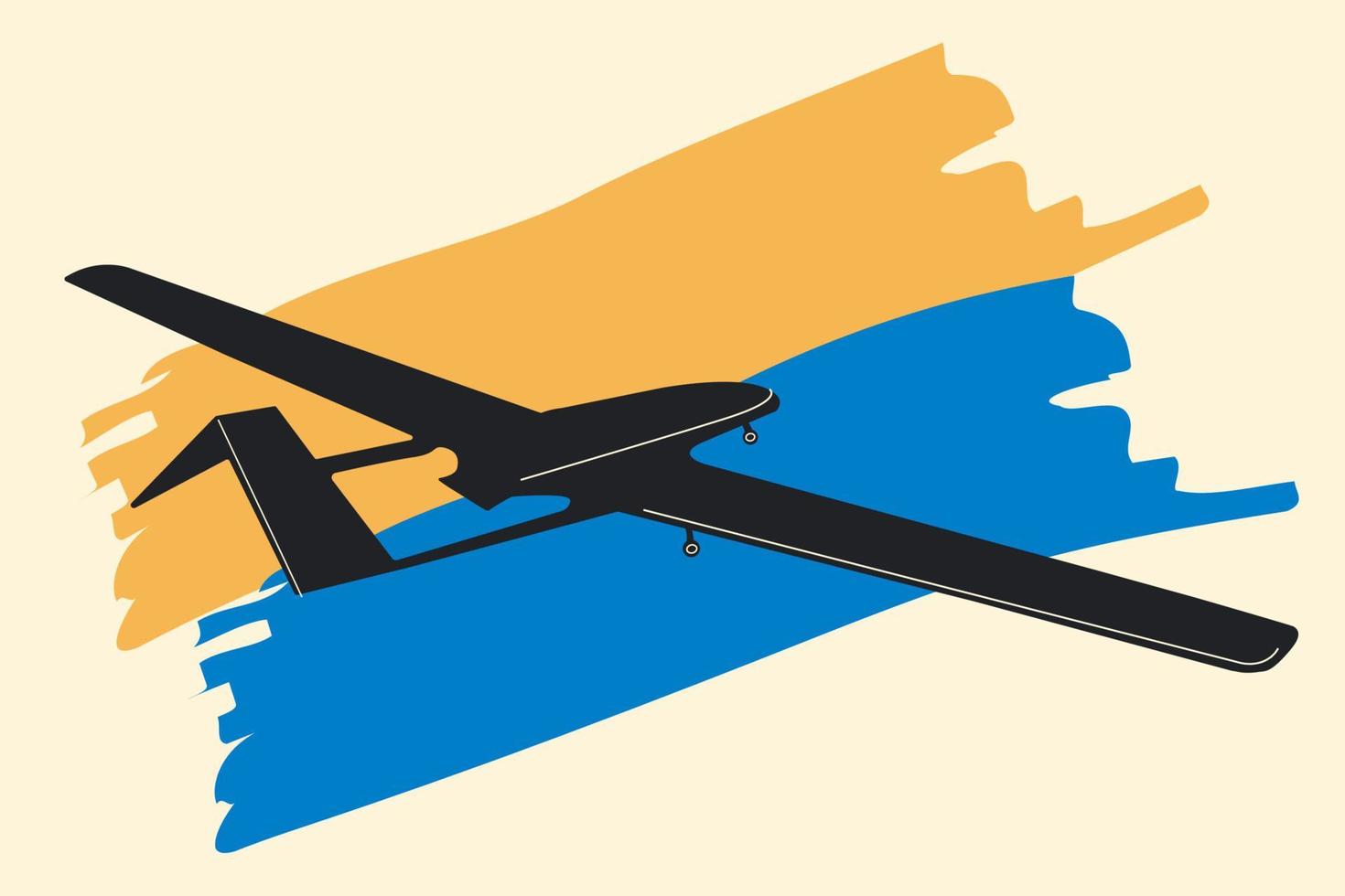 Unmanned aerial vehicle Bayraktar TB2 SIHA silhouette vector on a Ukraine flag background. Vector drawing of unmanned combat aerial vehicle. Side view. Image for illustration and infographics.