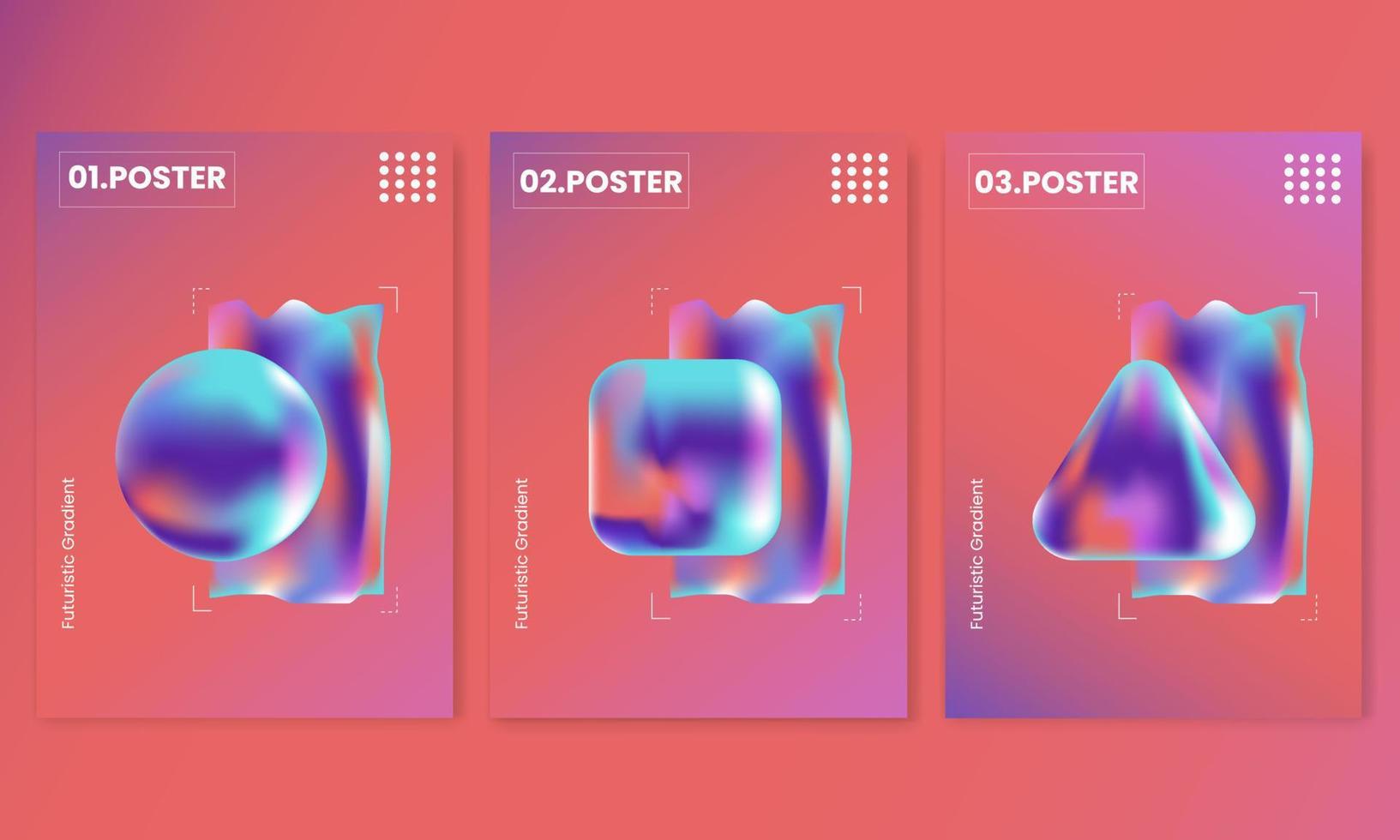 Set of futuristic gradient 3d bold square posters templates for science, music or presentation album print. Holographic, cyberpunk geometric vector illustration background.