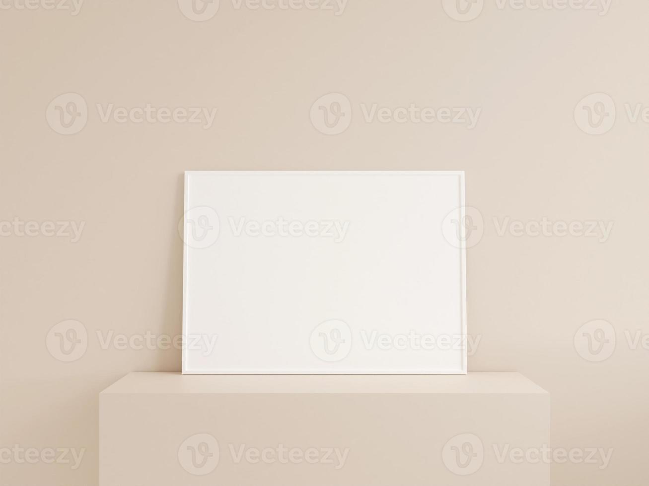 Clean front view horizontal white photo or poster frame mockup leanings against wall. 3d rendering.