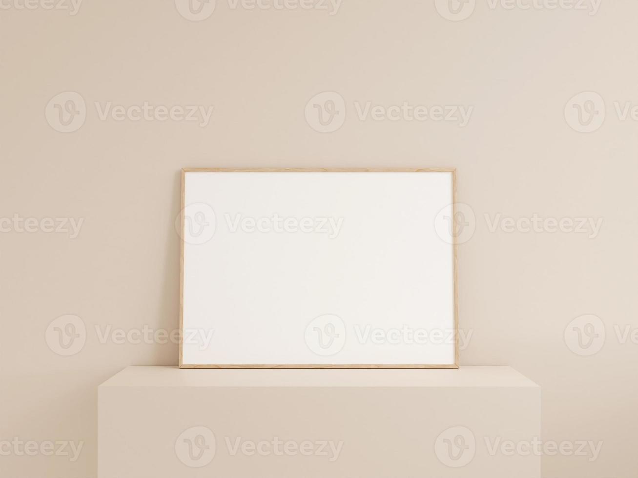 Clean front view horizontal wooden photo or poster frame mockup leanings against wall. 3d rendering.