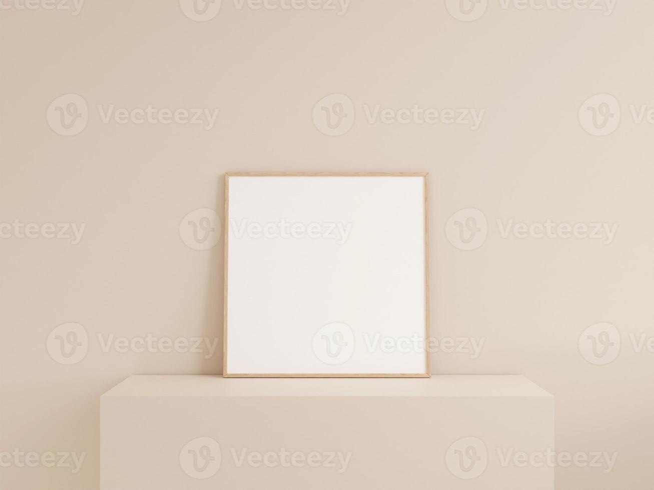 Clean front view square wooden photo or poster frame mockup leanings against wall. 3d rendering.