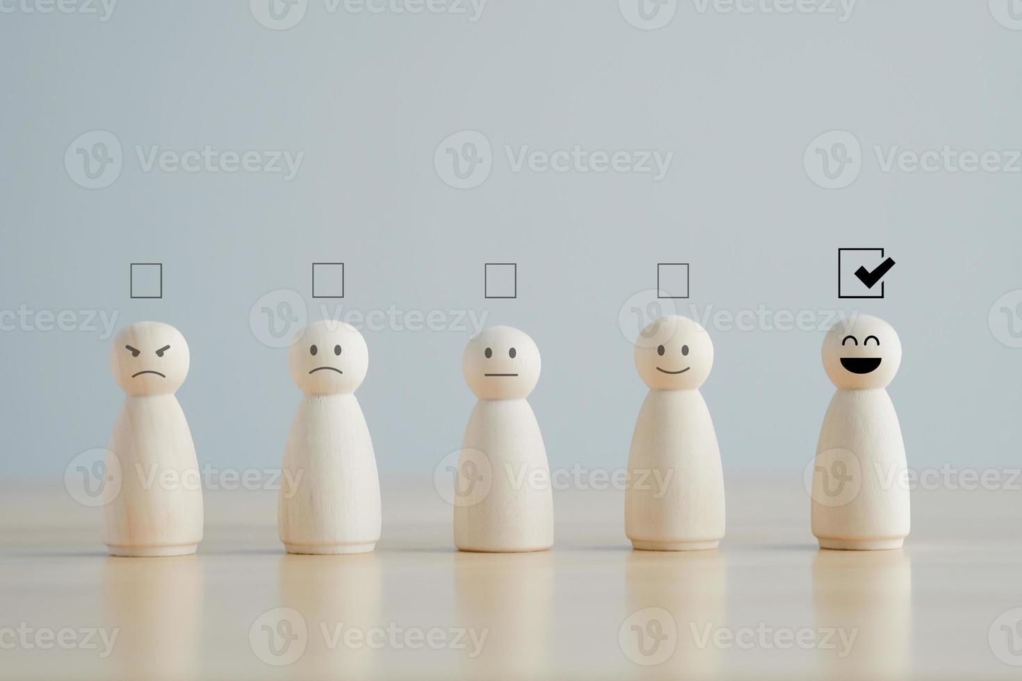 Feedback rating and positive customer service review. Mental health assessment, World mental health day, think positive and satisfaction survey concept. Select happy from normal and Sad emotion. photo