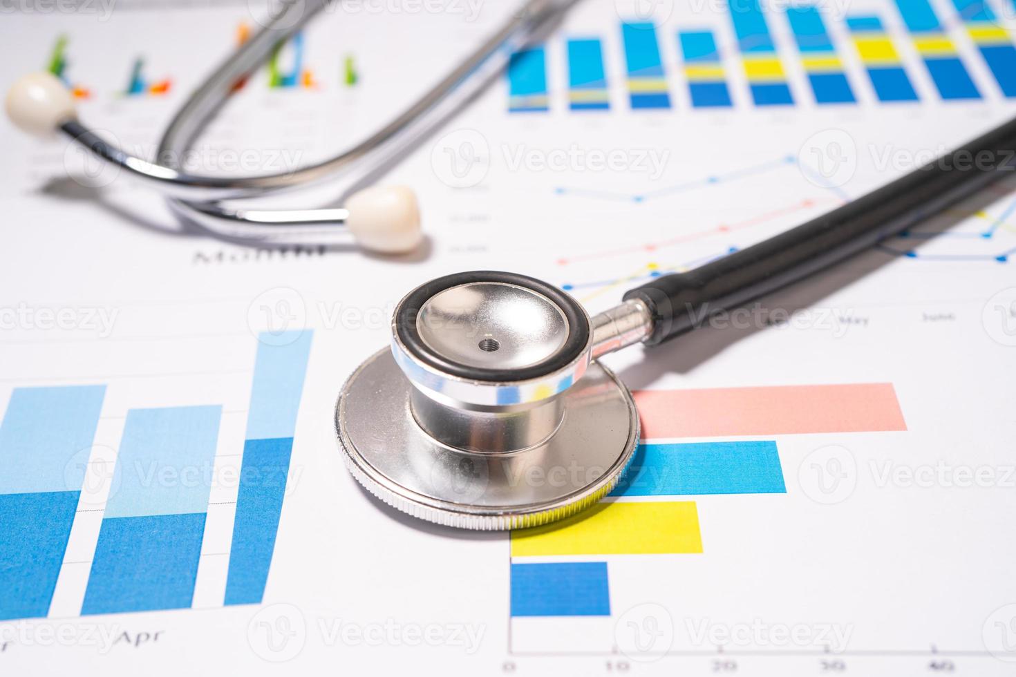 Stethoscope on charts and graphs spreadsheet paper, Finance, Account, Statistics, Investment, Analytic research data economy and Business company concept. photo