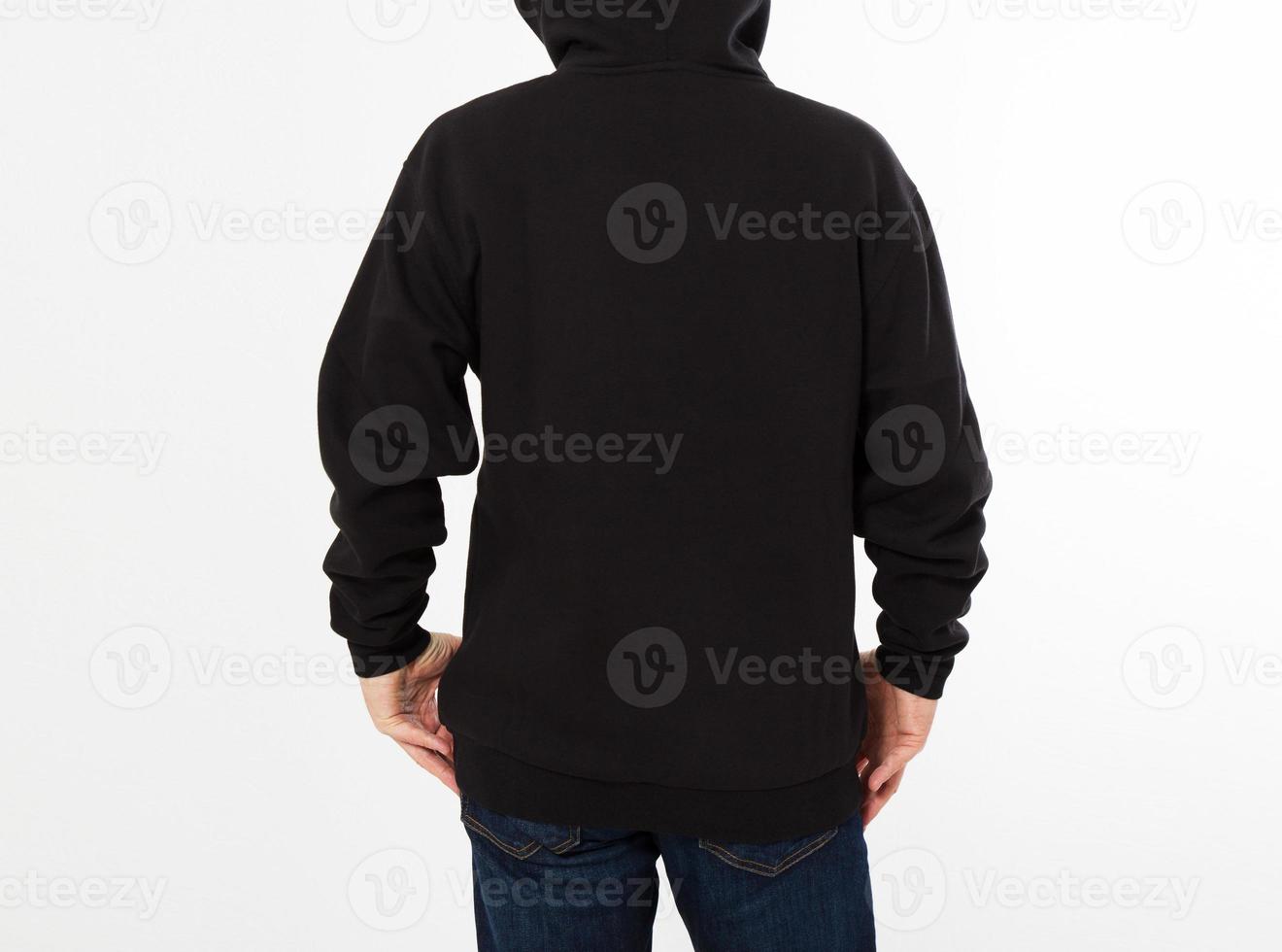 man in black pullover hoodie mockup - back view cropped image photo