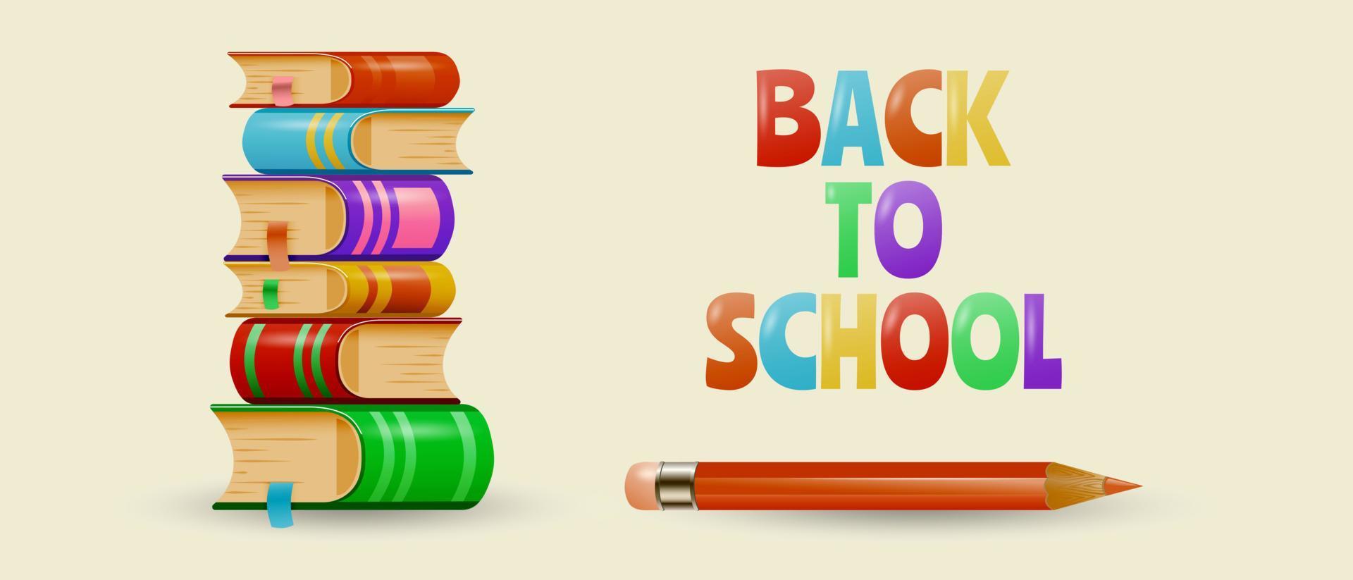 School banner with books and pencil. Back to school background. Vector illustration.