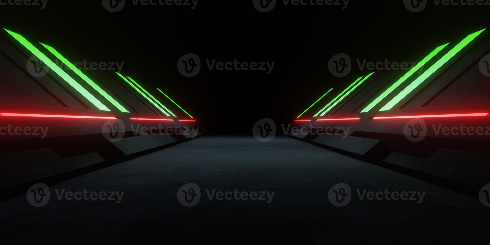 3d rendering of spaceship corridor with green red neon glowing background futuristic. Scene for advertising, showroom, technology, future, modern, sport, metaverse, game, garage. Sci Fi Illustration photo