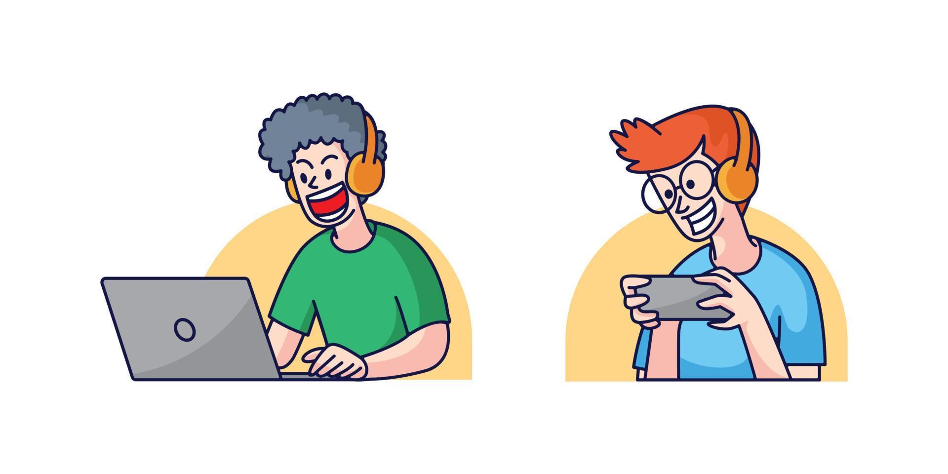 hombres jugando juegos en la ilustración de teléfonos inteligentes y computadoras portátiles vector