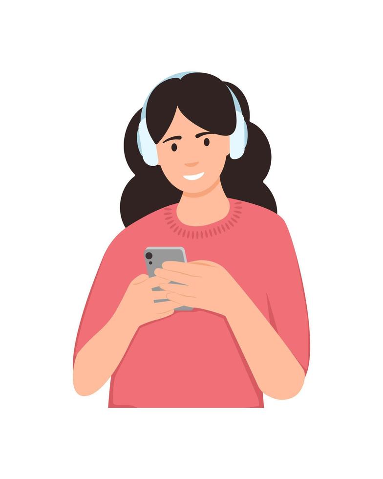 Girl taking a smartphone and writing message. Modern disease. Flat style. vector