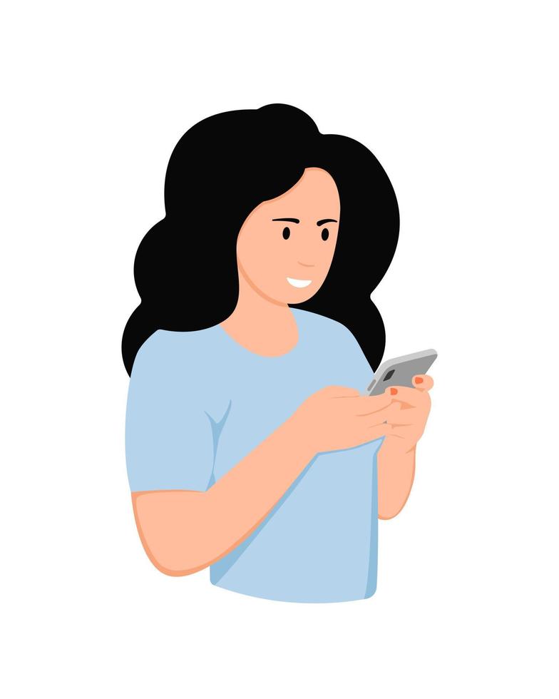 Girl taking a smartphone and writing message. Modern disease. Flat style. vector