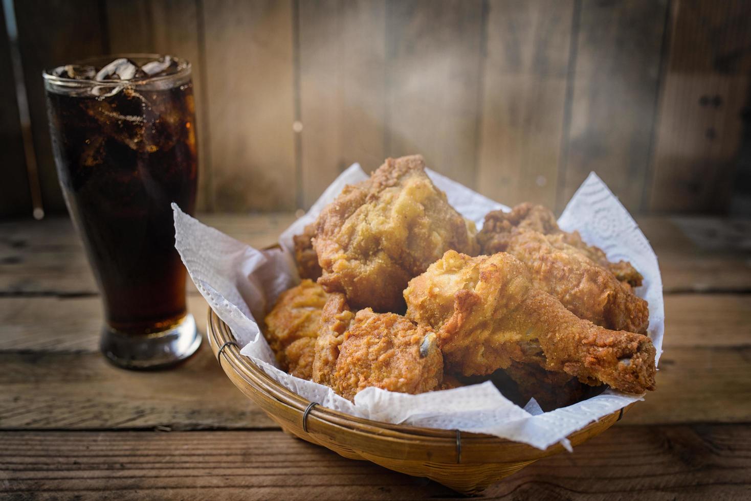 Fried Chicken with slightly smoke in a basket photo