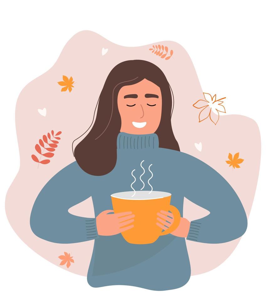 Portrait of a girl with a cup of hot tea or coffee on the background of autumn leaves. Vector graphics.