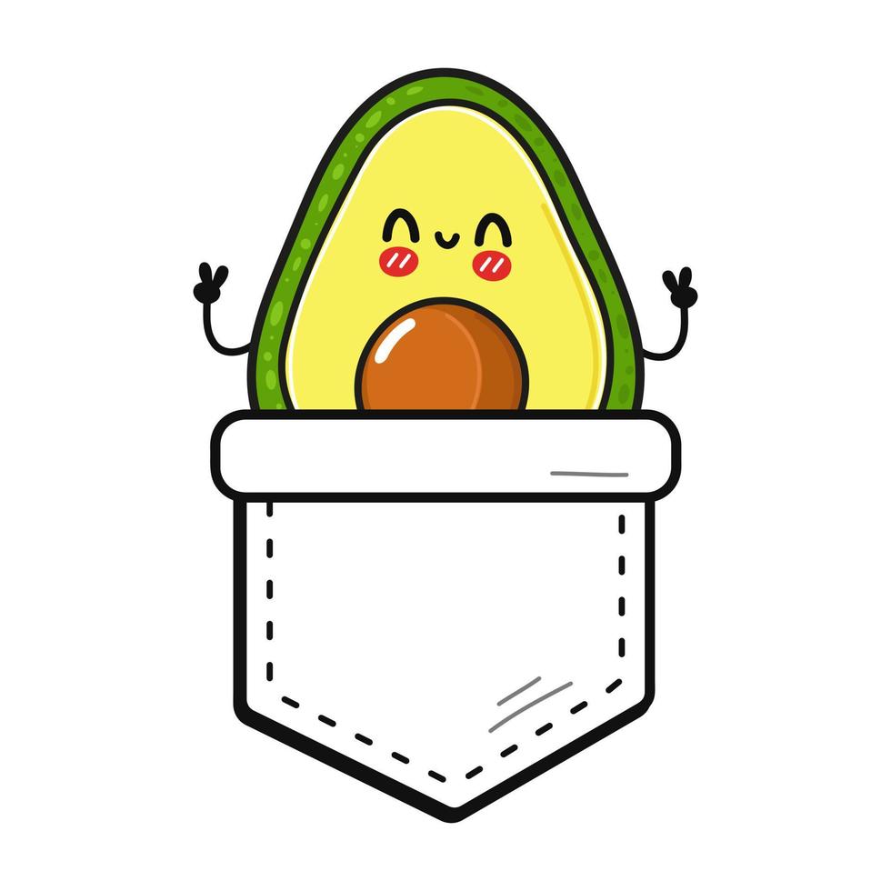 Cute funny avocado pocket t-shirt print.Vector cartoon doodle line style character logo illustration design. Isolated white background. Funny cartoon avocado print for pocket t-shirt vector
