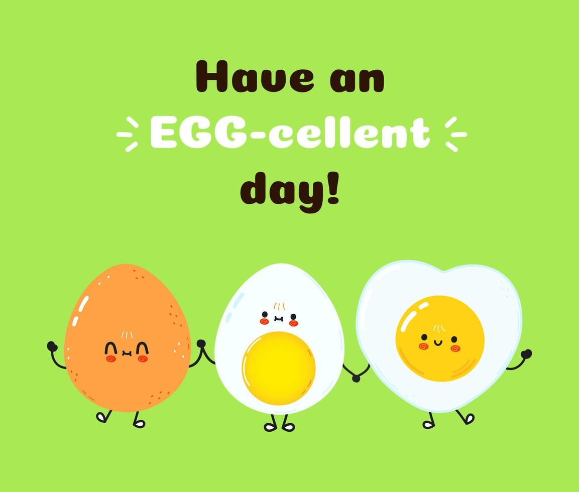 Cute happy boiled egg and fried egg card. Vector hand drawn doodle style cartoon character illustration icon design. Happy boiled egg and fried egg friends concept card