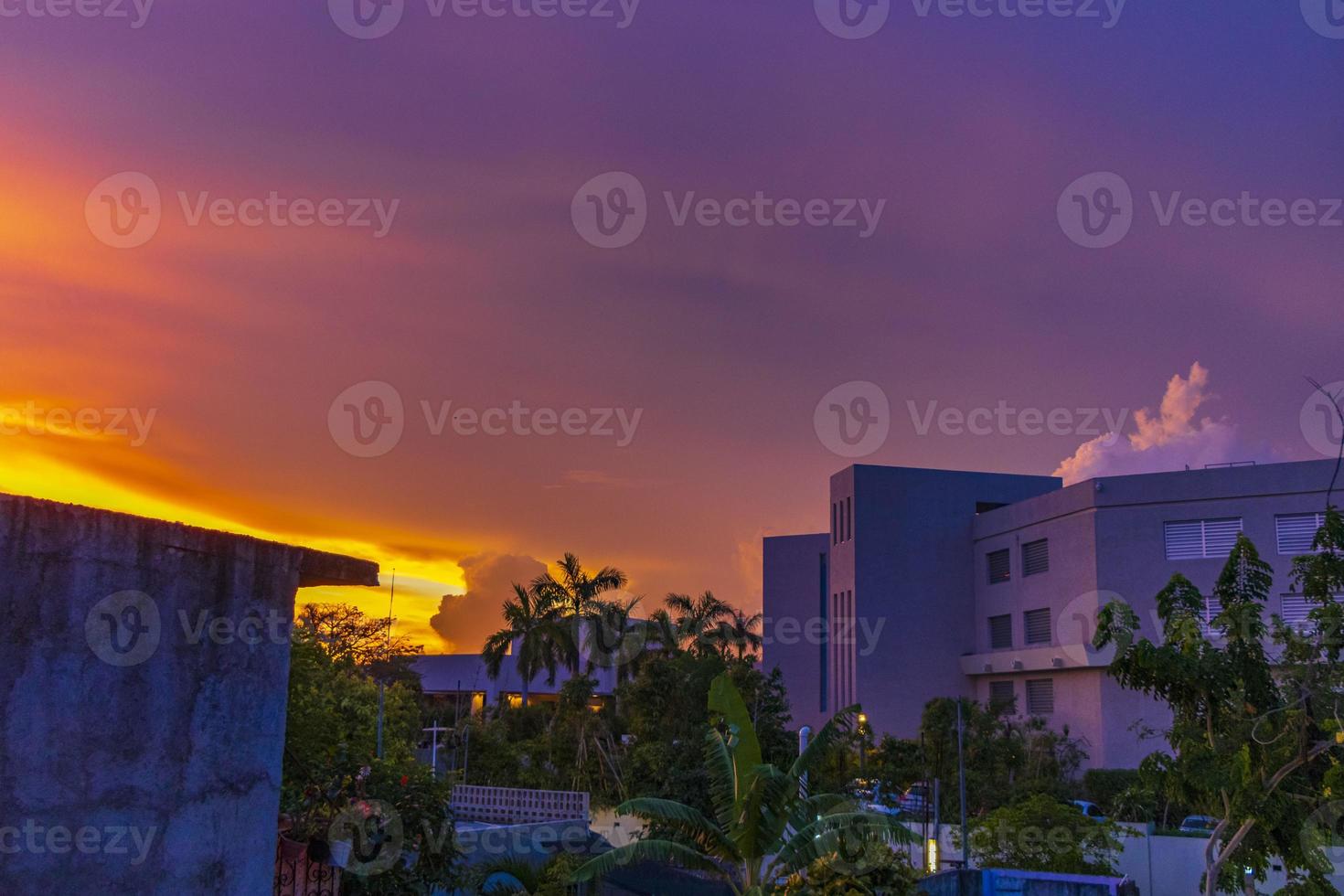 Amazing colorful pink purple sunrise sunset Playa del Carmen Mexico. photo