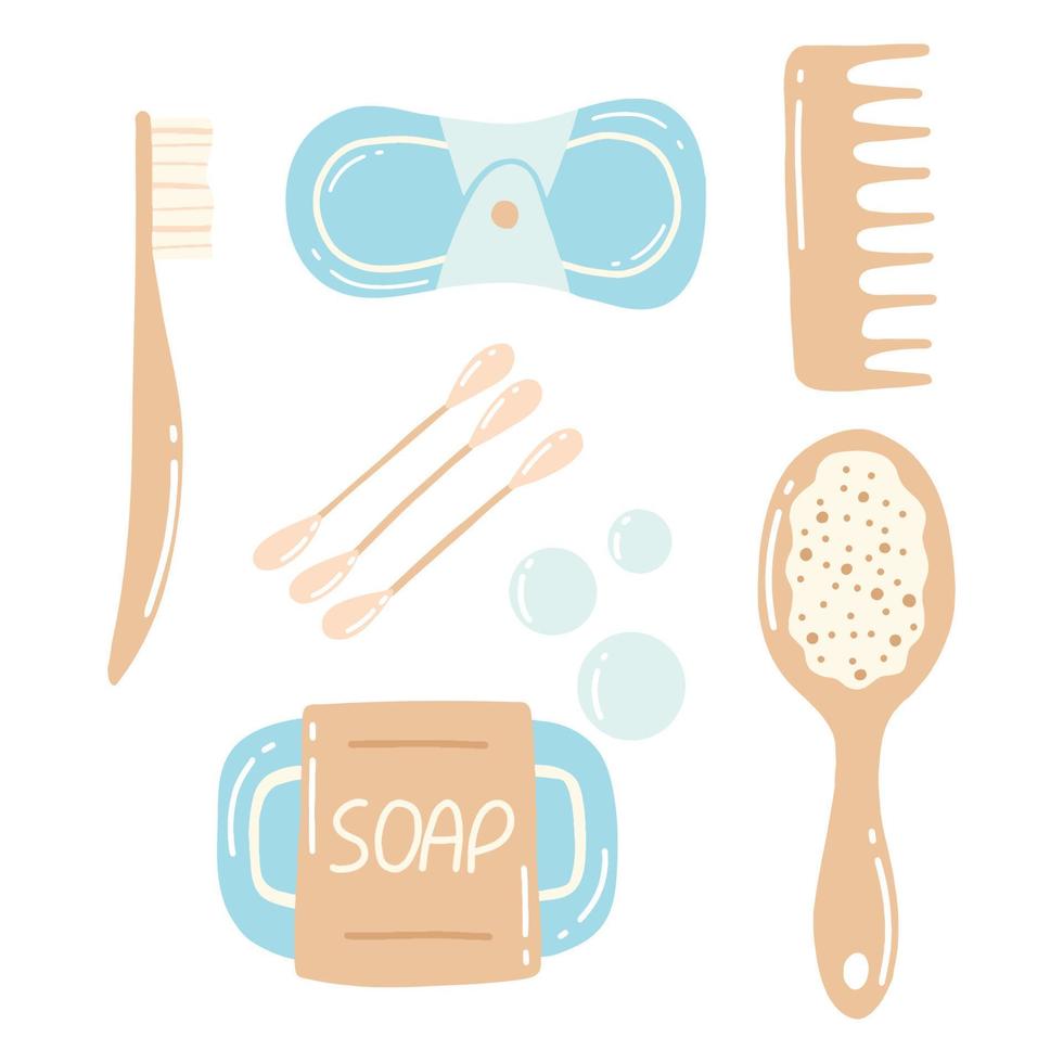 Collection of durable and reusable items or Zero Waste products - eco-friendly , wooden comb, toothbrush. Flat vector illustration.